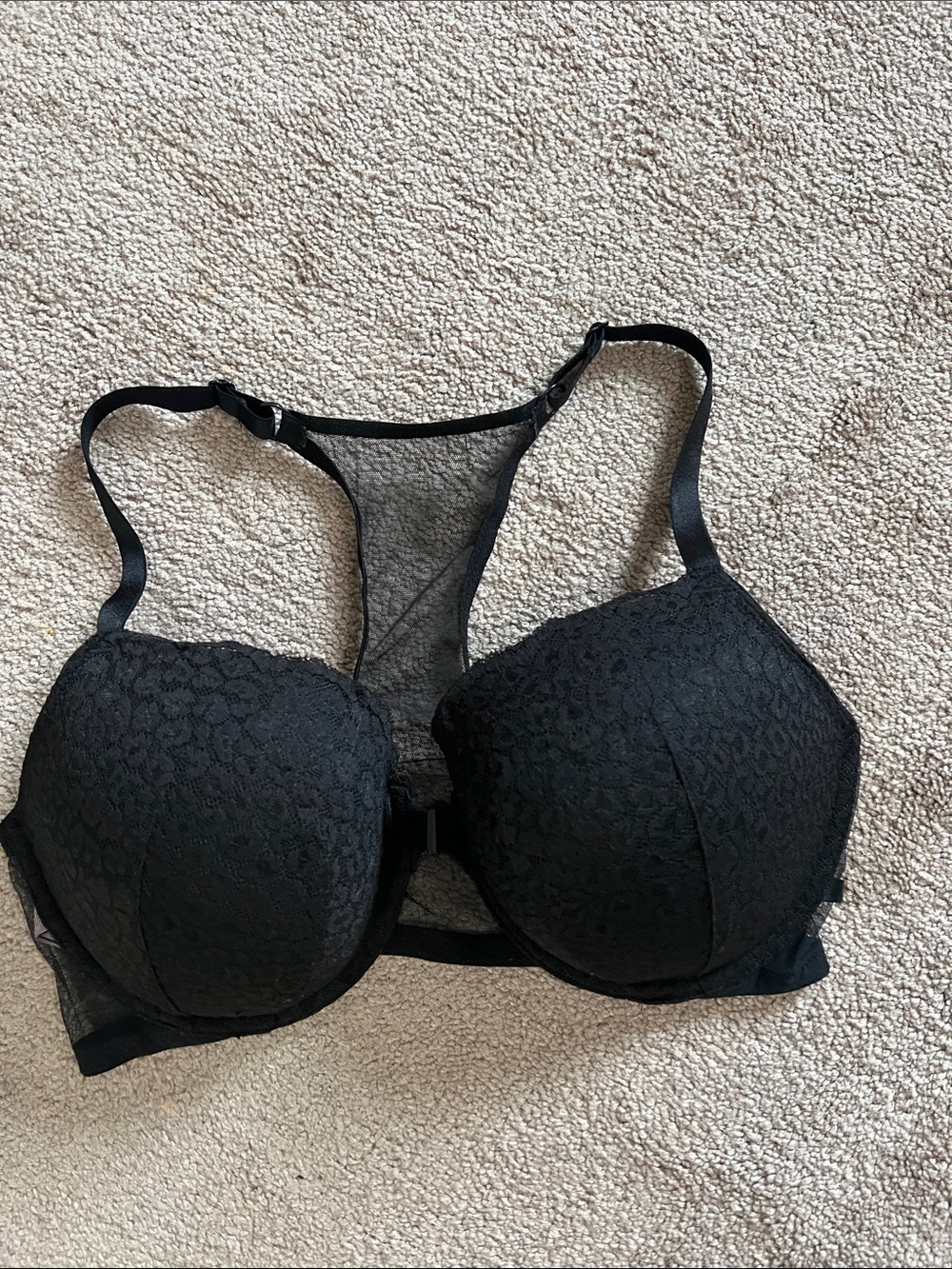 Black 38DD Victoria’s Secret mesh racerback Demi front close bra